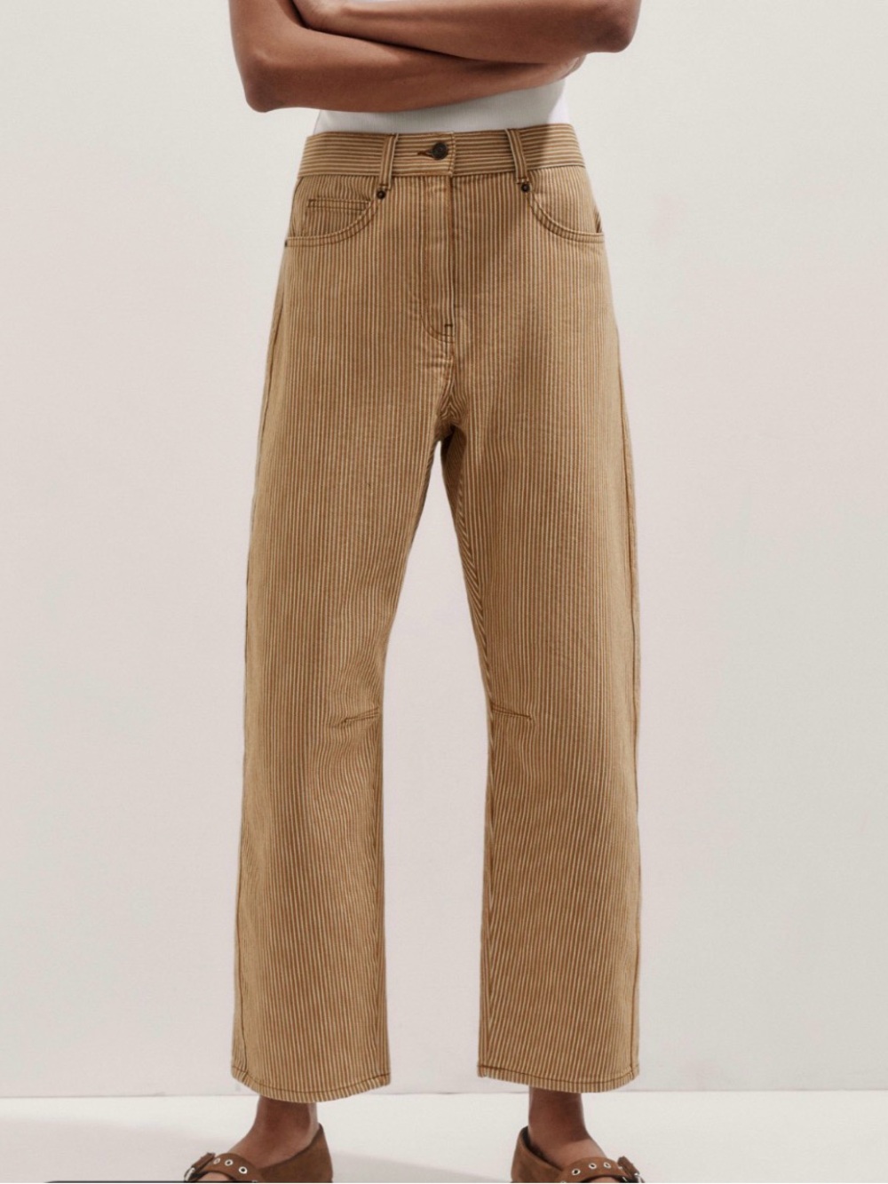 ME+EM Striped Button-Front twill pants in Tan & White